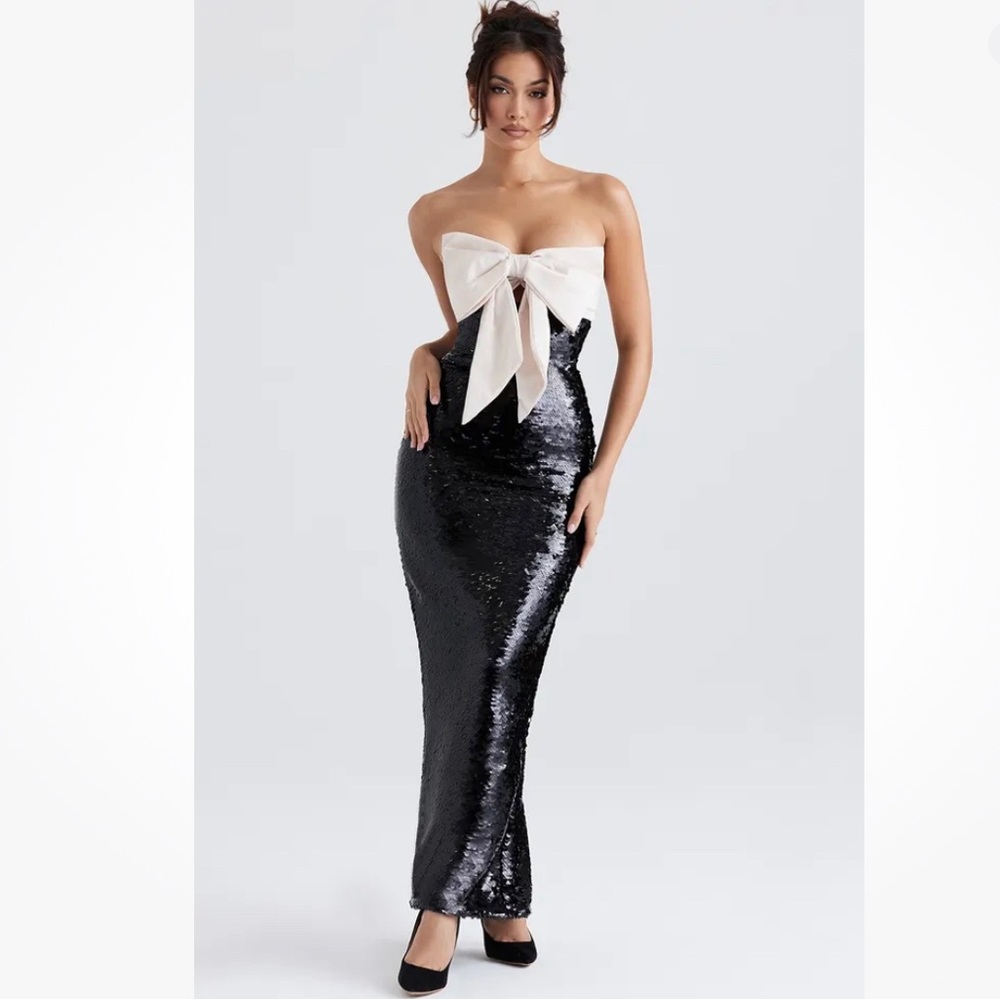 HOUSE OF CB 'Holly' Black Sequin Strapless Bow Dress/Size M-US 6-8